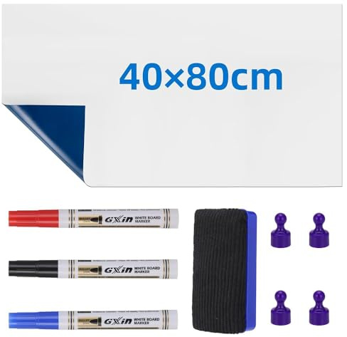 Självhäftande Magnetiskt Whiteboard 40x80 cm – Stark Whiteboardfolie med Markers, Torkare & 4 Magneter – Återanvändbar PET Memoboard för Kylskåp, Kontor, Skola och Barnrum