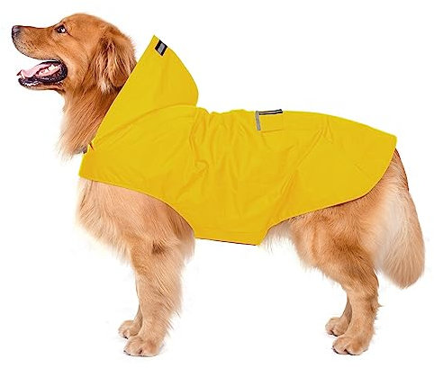 Zellar Hunderegenmantel mit Kapuze & Kragenloch & Sicheren Reflektierenden Streifen, Ultraleichte Atmungsaktive 100% wasserdichte Regenjacke für Mittelgroße bis Große Hunde, Gelb, 6XL