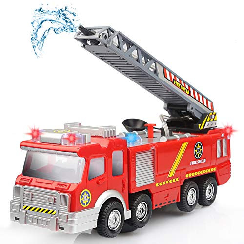 YIMORE Camión de Bomberos Eléctrico Juguete Coche Vehiculo con Luz, Sonidos, Bomba de Agua y Escalera Extendible para niños