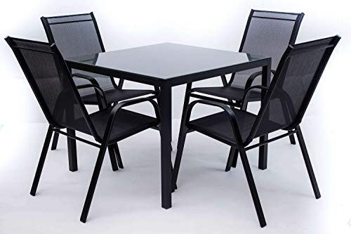 AVANTI TRENDSTORE - Zeno - Set da giardino composto da 1 tavolo in metallo e vetro, con 4 sedie impilabili in metallo e rete di plastica sintetica (Tavolo in vetro)