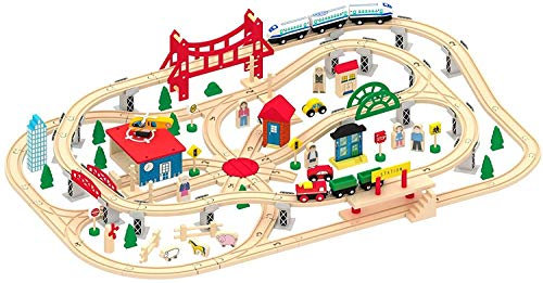 Leomark Holzeisenbahn für Kinder ~ mit 130 Teilen ~ Spielzeug Eisenbahn Zug komplett Set Holz