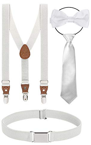 BomGuard enfant bretelles + nœud papillon + cravate + ceinture lot de 4, pour garçon fille,blanc