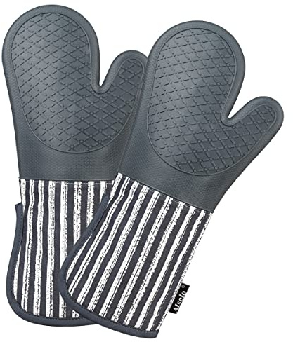 Alselo Silicone Oven Mitts Heat Resistant 932℉ with Waterproof & Non-Slip Kitchen Mittens, Set of 2 Extra Long Oven Gloves with Soft Cotton Terry Lining for Baking Cooking Barbecue