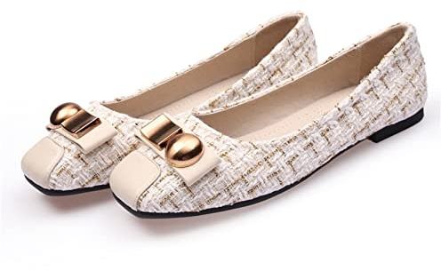 MACHSWON Women's Flat Fashion Buckle Flats Shoes Women Square Toe Shoes for Women Flats Comfortable Slip on Womens Pumps Dolly Shoes(Beige, Size 8.5)