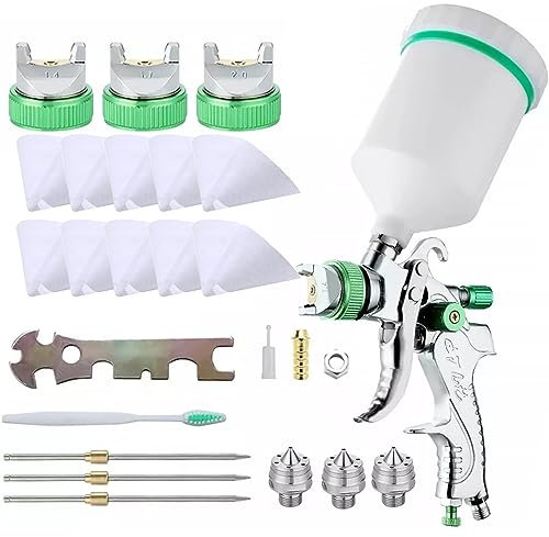 Weytoll HVLP Pistolet pulvérisateur de peinture à air comprimé 1,4/1,7/2,0 mm, tasse 600 cc et 10 cônes de peinture en papier filtre pour voiture, clôture
