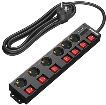 DEWENWILS Steckdosenleiste Einzeln Schaltbar, 6-Fach Mehrfachsteckdosen mit 2 USB, Wandmontage Steckdose, 3680W/16A, Überspannungsschutz, Kindersicherung, 90°-Anordnung, 3m Kabel, Schwarz