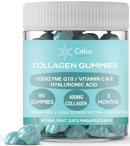 CALIU GUMMY | Kollagen-Gummibärchen | 90 Gummies | 400 mg hydrolysiertes Kollagen + Hyaluronsäure + Coenzym Q10 + Vitamin C & E | Haut, Haare & Gelenke | Zuckerfrei, Vegan, Ananas-Geschmack | 3 Monate