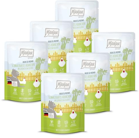 MjAMjAM - Premium Nourriture Humide pour Chats - Quetschie - Chicks & Friends Poulet Savoureux au céleri Vapeur, Paquet de 6 (6 x 300g), sans céréales