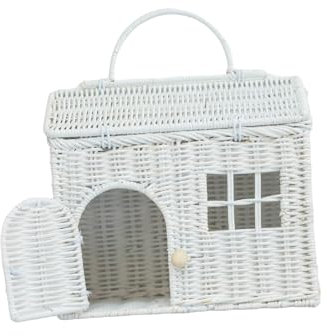Rool Rattan House Shaped Basket Wicker Small Dollhouse Gift for Girls, Boho Toys, Mouse in a Box House, Little Girl Purse Clutch, Doll Carrier (White)