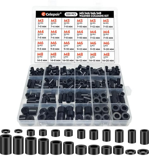 Celepoir 320 Pcs ABS Plastic Washers Spacers, 24 Sizes Black Nylon Spacers M8 M6 M4 M3, Insulation Standoff Plastic Spacer, Non-Threaded ABS Round Spacer Washer for Connecting Printed Circuit Boards