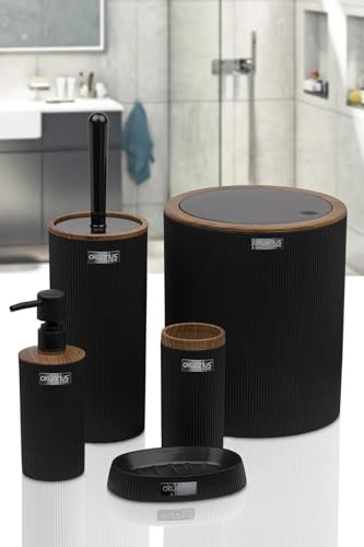 Okyanus Home Badezimmerset – Modernes Holz-Badezimmer Zubehör-Set Schwarz – Seifenschale, Zahnbürstenhalter, Lotionspender, Mülleimer & Toilettenbürste – Lackiert oder Poliert