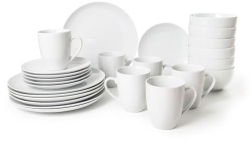 24PC Dinnerware Porcelain White Set: 6 Dinner Plates, 6 Side Plates, 6 Bowls & 6 Mugs. Dishwasher & Microwave Safe.