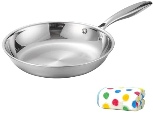 Padella in acciaio inossidabile 304 di alta qualità, 20-28 cm, non rivestita, per piano cottura e forno a induzione, manico ergonomico, pentole sane per bistecche, uova, cucina quotidiana (1 pezzo, 22