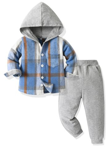 UUAISSO Ropa de bebé para niños pequeños Tops a cuadros con capucha sudadera pantalones Otoño Invierno Trajes Azul celeste 2-3 años