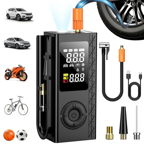 Tire Inflator Portable Air Compressor, 150PSI Cordless Air Pump For Car Tires, Bike Pump, Motorcycle, Balls with Digital Pressure Gauge, LED Light and Auto Shut-Off Function, Car Accessories, Black
