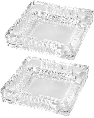 ZEONHAK 2PCS Large Glass Ashtray, 7x7 Inch Square Tabletop Crystal Ashtrays for Cigar, Indoor Home Office Decor or Outdoor Patio Balcony Use