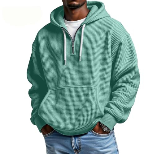 Générique Sweat À Capuche Décontracté Manches Longues pour Homme Sweatshirt en Tricot Texturé Gaufré À Zipper 1/4 avec Poche Kangourou Mens Quarter Zip Sweatshirt