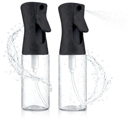 2 Pack Spray Bottles for Hair - Continuous Water Mister Spray Bottles with Ultra Fine Mist Spray for Hairstyling, Barbers, Salons, Skin Care, Cleaning, Plants, Pets (Ebony, 6.8 oz)