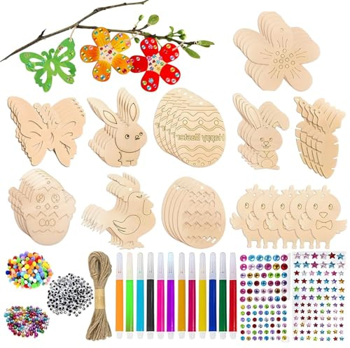 ZoneYan Set Artigianato Pasquale in Legno, Pendente Decorazioni Uova Coniglietti, Decorazioni Pasquali in Legno da Appendere Fai da Te, Regalo di Pasqua per Bambini
