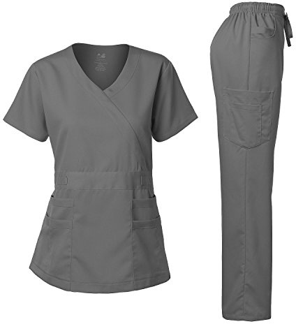 Dagacci Medical Uniform Women's Scrubs Set Stretch Ultra Soft Y-Neck Wrap Top and Pants Pewter Gray XXS