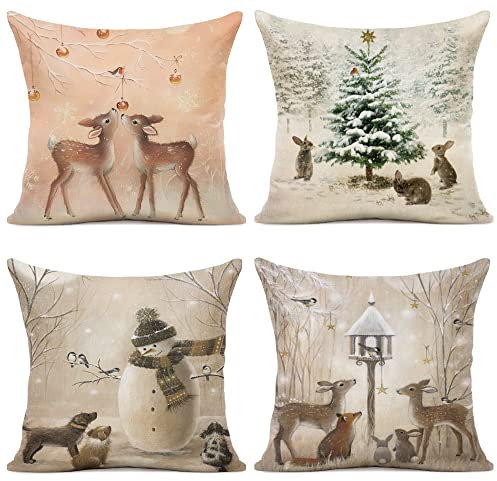 YCOLL Kissenbezug 45x45 4er Set Kissenbezug Weihnachten Kissenbezüge Dekokissen Leinen Kissenhüllen für Deko Weihnachten Sofa Schlafzimmer Couch 45x45 cm