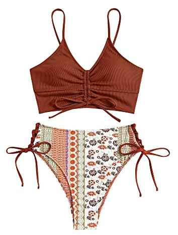 ZAFUL Women V Neck Drawstring Bikini Set Ruched Side Tie High Waisted Swimwear Lace up 2 Pieces Bathing Suit (Brown, L)