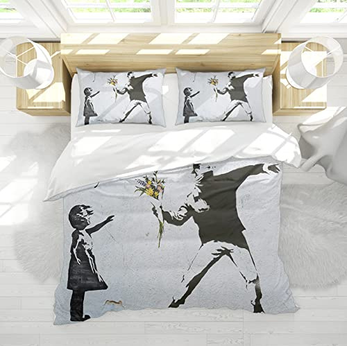 HengYun ART Jeter des Fleurs Couette Housse Setgrey Blue Ballon Girl Microfiber Bedding Set Lavable pour Femmes Hommes Garçons Filles Dortoir Ados 200x200cm