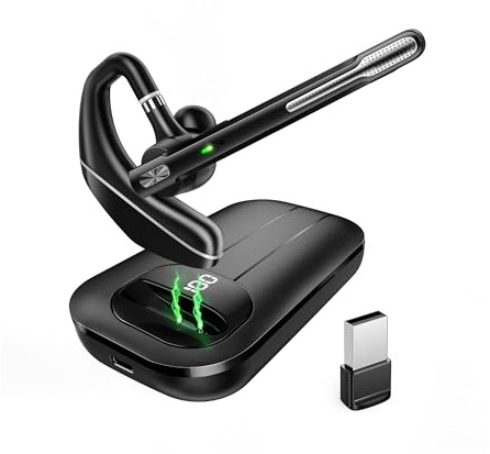 EKVANBEL Bluetooth Headset V5.3, Wireless Earpiece with 1000mAh Charging Case, 96H Talktime, Hands Free Noise Canceling Headphones with Dual-Mic for Computer Cell Phones Trucker Home Office Work