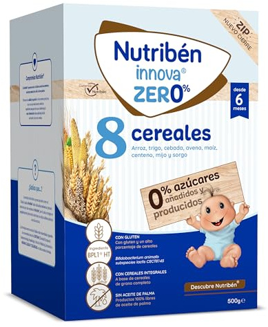 Nutribén innova ZERO 0% 8 Cereales | 500g | Arroz, Trigo, Cebada, Avena, Maiz, Centeno, Mijo y Sorgo | Bebés a Partir de 6 Meses | 0% Azúcares Añadidos y producidos | Cereales Integrales