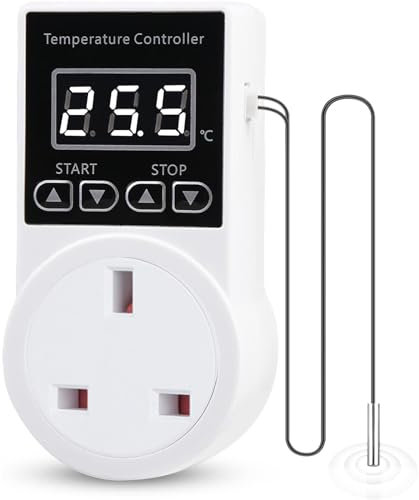 XIEHUZA Digital Thermostat Plug Socket, LCD Screen Temperature Controller with Water Proof Sensor Probe, Heating Cooling Temperature Switch Outlet for Reptile Greenhouse Terrarium Home, 10A