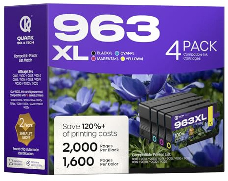 Quark 4 Stück 963XL Multipack Patronen für HP 963 963 XL für HP OfficeJet Pro 9010 9012 9013 9014 9015 9016 9018 9019 9020 9022 9023 9025 9026 9028 (Schwarz/Cyan/Magenta/Gelb)