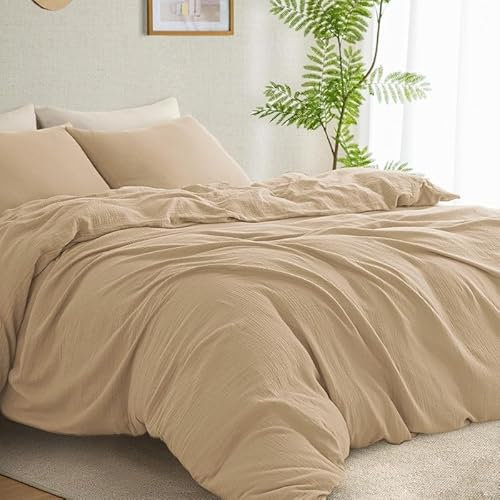 Gezu Muslin Bettwäsche 200x220 Beige Khaki 100% Baumwolle Muslin Bettwäsche-Sets Leinen Set Bettbezug mit 2Kissenbezüge 80x80cm Atmungsaktiv Bequem Bettwäsche Doppelbett mit Reißverschluss