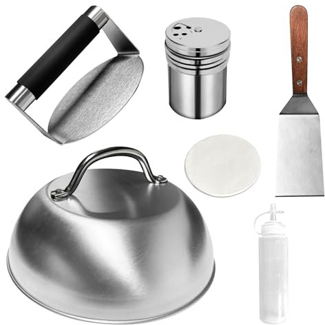 Hmfmdy Burgerpresse, Smash Burger Set, Metall-Burger-Spatel, Burger-Kuppel, Gewürzstreuer, Wachsscheibenpapier, Quetschflaschen, Flat-Top-Grill-Zubehör, Burgerpresse Edelstahl, Kochutensilien-Set