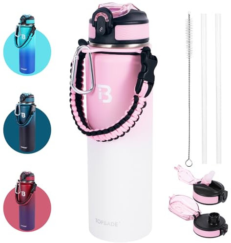 TOPBADE Borraccia Termica con 2 Coperchi (Cannuccia & no Cannuccia), 700ml Bottiglia Termica con Manico Paracord Senza BPA/Senza Perdite Borracce acciaio inox per Scuola, Sport, Palestra, Ciclismo