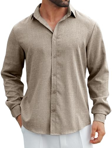 Camisas de lino para hombre Mapick, camisas de manga larga con botones de estilo casual, camisas de vestir sin doblar, camisas de playa y vacaciones de otoño, Caqui oscuro, Large