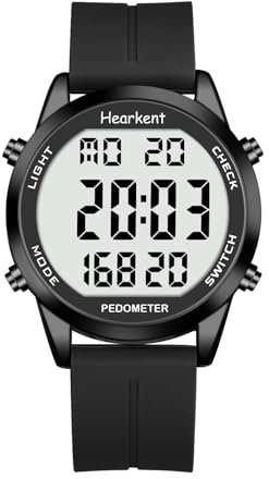 Hearkent Contapassi orologio senza Bluetooth, senza app contapassi, orologio impermeabile 30 m, numeri grandi, con conto alla rovescia, allarme/contatore di calorie, da uomo, Colore: nero., Herren