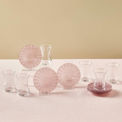 Karaca Luna Türkische Teegläser Set, 12-teiliges Teeglas, Teeset für 6 Personen (Cay Bardagi Set), Teegläser und Untertassen in modernem Hellrosa