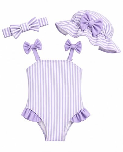 DivingBirds Traje de baño para bebé niña con sombrero de sol y diadema, traje de baño de una pieza para recién nacidos, regalo de verano para la playa, Púrpura (Purple Stripe), 9-12 meses