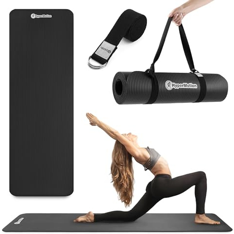 HyperMotion Tappetino Yoga e Fitness NBR 183x61x0,8 cm Nero, Antiscivolo 8 mm, con Cinghia per Trasporto e Stretching, per Yoga, Pilates e Allenamento