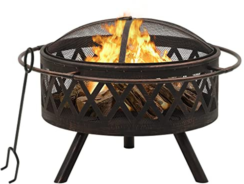 sephironlbb Brasero rústico de acero de 76 cm con atizador y cubierta de rejilla, fuente de calor XXL para noches acogedoras y una experiencia de fuego segura en exteriores