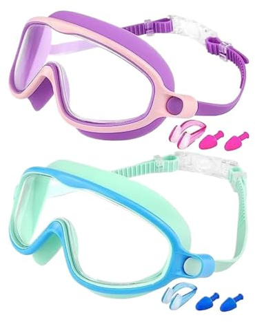Lunettes de natation pour enfant - Protection UV - Anti-fuite - Avec pince-nez | Large champ de vision UV - Lunettes de natation pour filles, enfants, adolescents, tout-petits, piscine, été, plongée