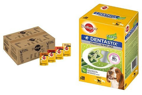 Pedigree Vital Protection / 4 Sorten Fleisch in Sauce / 84 x 100g + Pedigree Denta Stix Fresh / Zahnpflege-Snack für mittelgroße Hunde
