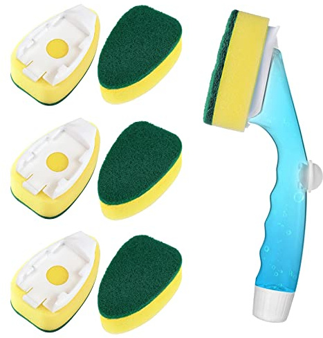 Non Scratch Dishwand Refills Handle, Dish Wand Refill Pack, 6 Heavy Duty Replacement Sponge Heads Set, Soap Dispenser Scrubbers, Dishwashing Scrub Dispensing Brush Pads, Dishwasher Cleaning Tool kit