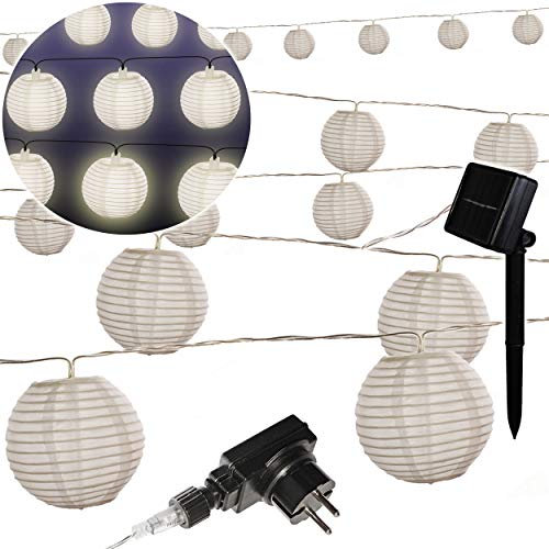 alles-meine.de GmbH 2 TLG. Set: SOLAR Licht + Stecker - LED - Lichterkette/Lampionkette - 4,70 + 10,50 Meter - wetterfest - AUßEN & INNEN - 30 weiße Stoff - Kugeln/Lampions -..