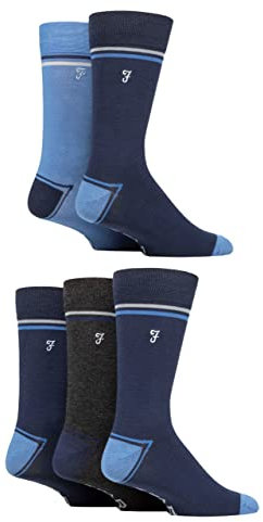 Farah Mens Bamboo Socks, Plain, Patterned, Striped, Argyle, Spotty Designs, Bright Colours, Gift for Him, Pack of 5 - Contrast Heel & Toe Navy/Blue 6-11