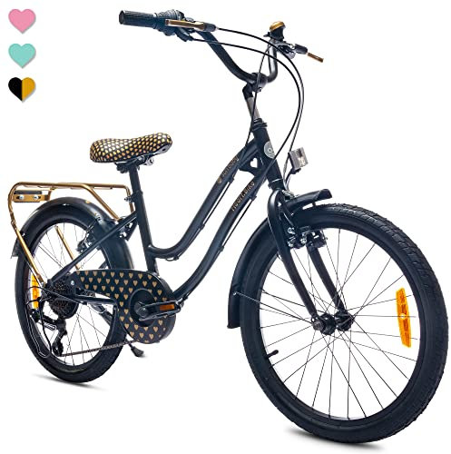 sun baby Mädchenfahrrad 20 Zoll Radgröße Heart Bike zur Auswahl 6 Gang Shimano Kinderfahrrad Kinderrad für Mädchen von 6 bis 10 Jahre verstellbare (Schwarz, 20 Zoll)