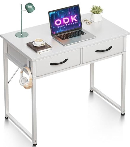 ODK Schreibtisch mit 2 Schubladen,80x40x78.7cm Klein Schreibtisch mit Kopfhörer Halter, Bürotisch PC Tisch Officetisch für Büro, Wohnzimmer, Home Office, Weiß