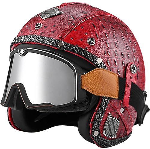 WYXAXNM Jethelm Motorradhelm Rollerhelm Leder Halbschalenhelm mit Brille ECE-R 22-05 Retro Helm Mofahelm Sturzhelm Herren und Damen für Vespa Moped Cruiser Chopper Biker Moped Helm,Red-M(57~58cm)