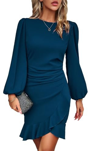 TcIFE Damen Kleid Freizeitkleid Rundhals Langarm Bodycon Rüschenkleid Kurz Enges Mini Kleider Klassic Casualkleid Elegant Frauen, Hellblau, M