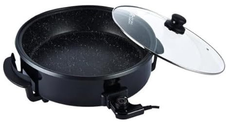 Royal Swiss® Poêle Électrique Multifonction 42 cm – 1500 W | Pizza, Paella, Grill, Crêpes | Antiadhésif | Couvercle Verre | Température Réglable | Nettoyage Facile. (Noir, 42cm)